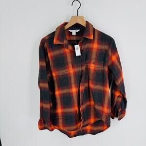 Old‎ Navy Boyfriend Flannel Orange Gray Plaid NWT Size S Swiftie Evermore Viral